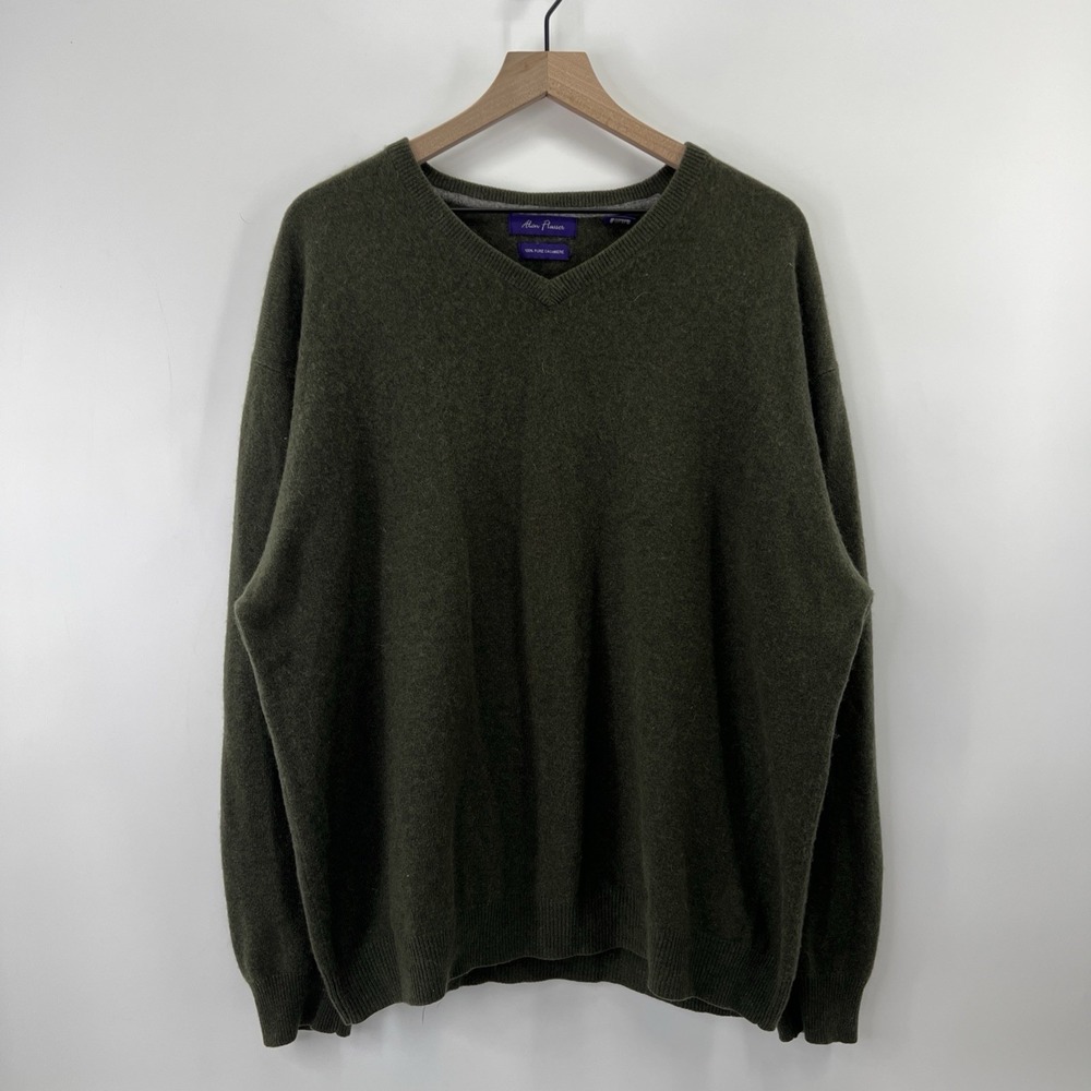 Alan Flusser Cashmere Sweater Men XL Green V Neck Preppy Hipster Old Money